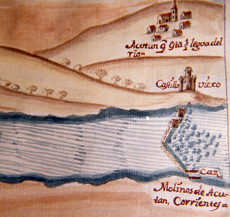 Plano del proyecto de navegación del Tajo de Carducci del siglo XVII . Aguas arriba se situaba el Puente de Pinos, próximo al muro del embalse del mismo nombre