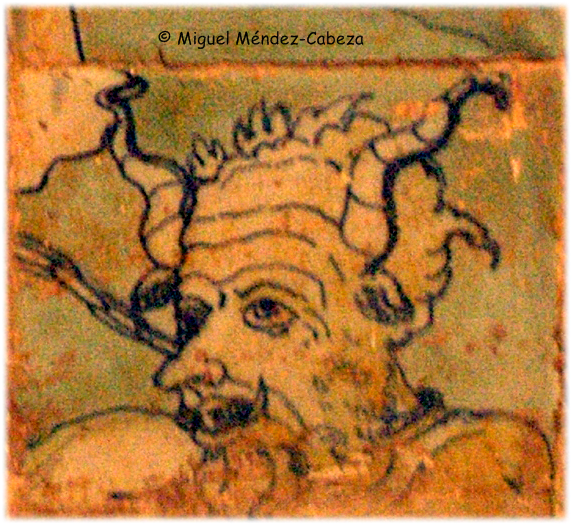 Detalle de un panel de azulejos talaveranos en que se representa al diablo