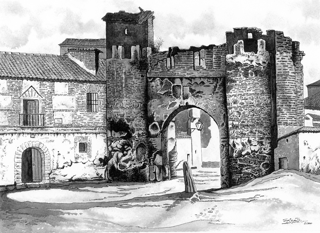 Puerta de Cuartos en un dibujo de Enrique Reaño sobre una fotografía antigua, es curioso el mojón enhiesto que se halla junto a la puerta y no sabemos que función tendría