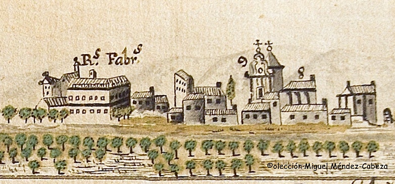 Panoramica deL Talavera-siglo xviii (Biblioteca-CLM), donde se observa un esquema de las reales Fábricas de Seda a la orilla del Río