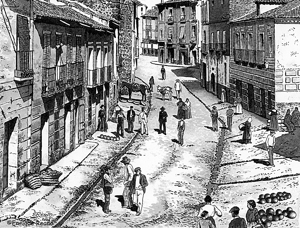 La calle Carnicerías surcada por diversos albañales que causaban tan mala impresión a los viajeros.. Dibujo de Enrique reaño sobre foto se Ruiz de Luna